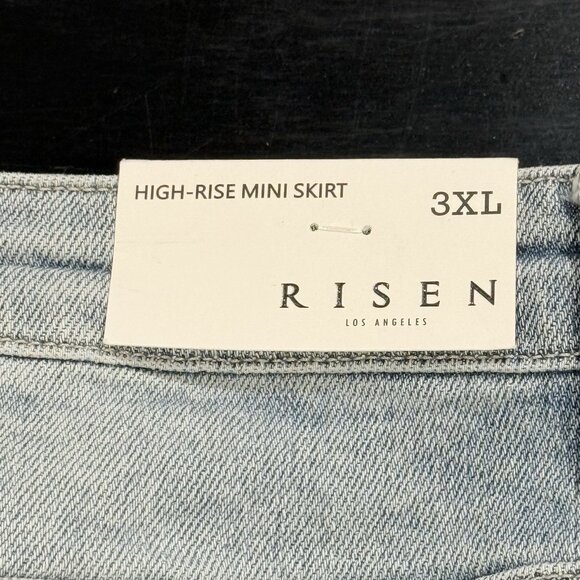 NWT RISEN JEANS Distressed Raw Frayed Edge Stretch Blue Denim Mini Skirt Sz 3X - Picture 7 of 12